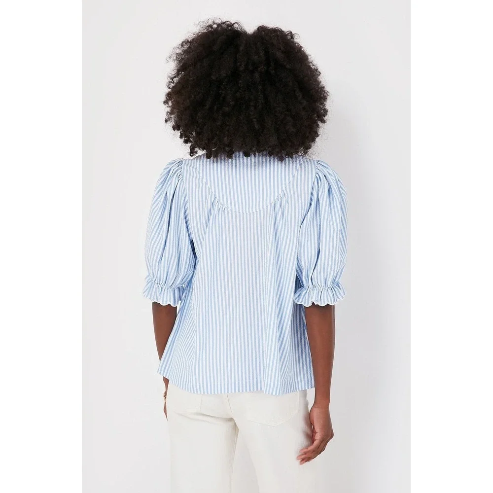 Pomander Place Selena Blouse Blue White Stripe Seersucker Puff Sleeve Top S NWOT